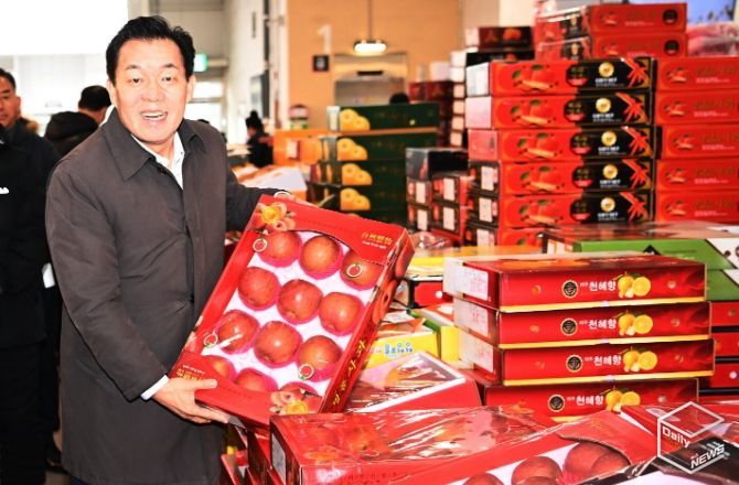 이재준 수원시장이 지난 설 명절을 앞두고 수원시 농수산물도매시장을 방문해 과일 상자를 들어보고 있다.